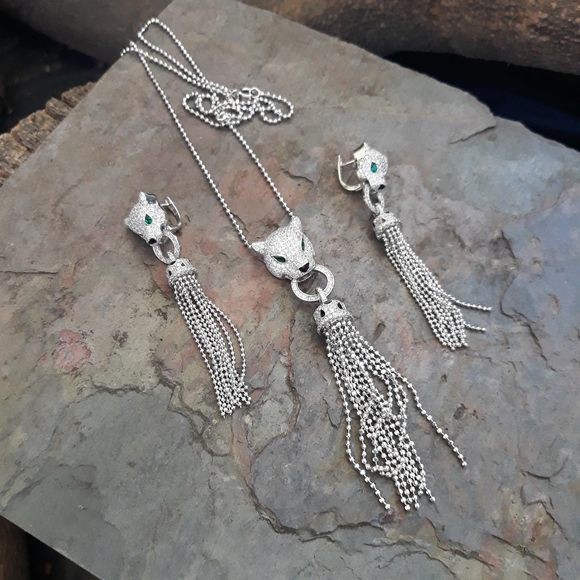 14K White Gold Coating Panther Necklace Set *101 - Picture 8 of 12